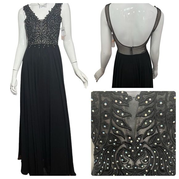 NWT Gianni Bini Black Mesh Crystal Studded Bodice Maxi Dress -- 1 - Picture 1 of 12